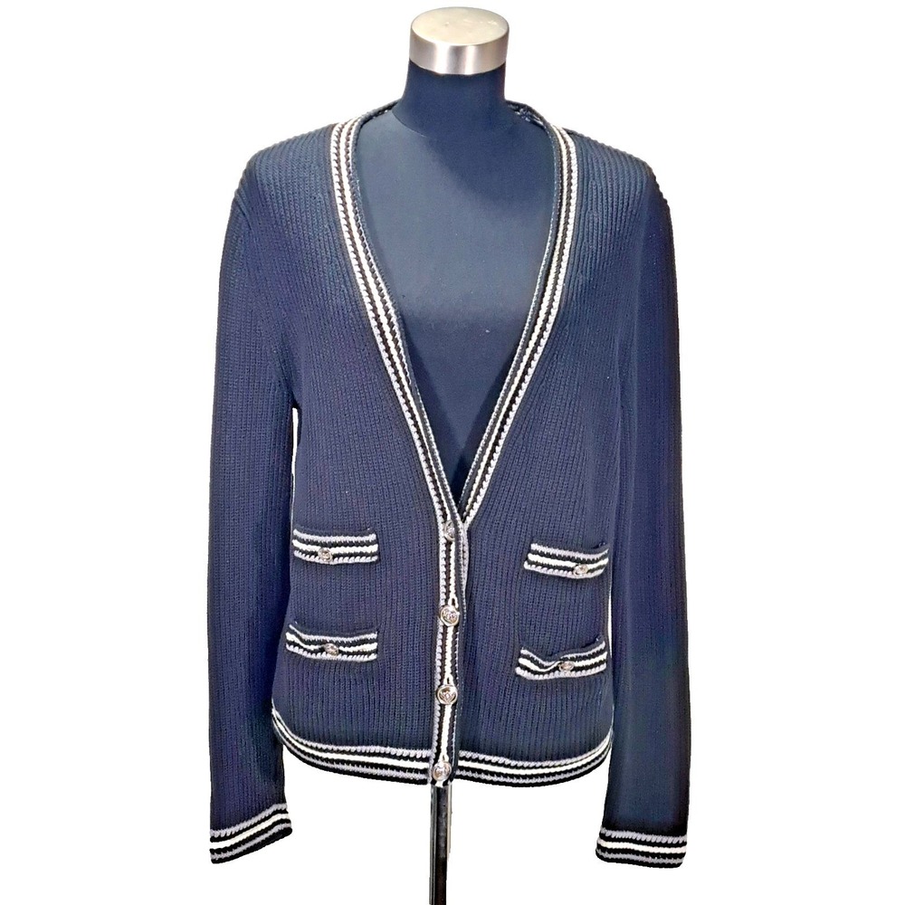 Talbots Petite Navy‎ Blue Ribbed Knit Cardigan Striped Trim Crest Buttons LP